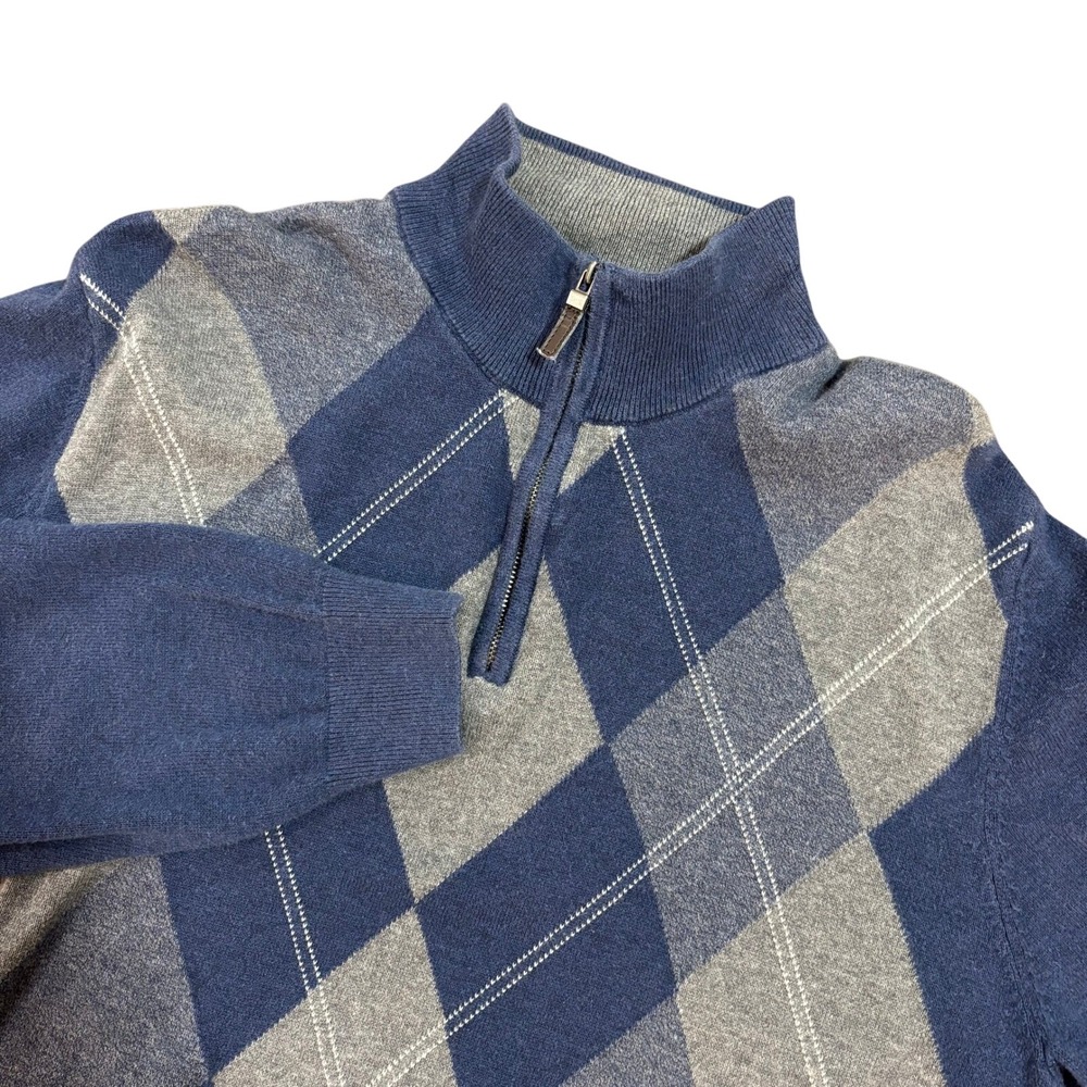 Tasso Elba Mens Blue Grey Argyle Quarter Zip Cotton Knit‎ Sweater Large